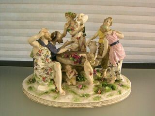 Antique Capodimonte Figure Group 7 Figures Putti Baccus Dresden Style Marked 12 "