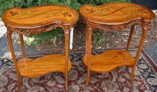 1920s Antique French Walnut & Satin Wood Inlaid Side Tables End Tables