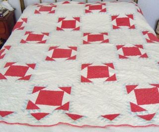 Antique 100,  Year Old Hand Stitched Quilt Red/white/pale Blue 73 " Square