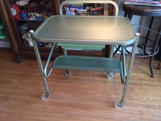 Vintage Green Mcm Metal Steampunk Rolling Drop Leaf Typewriter Table Stand Vguc