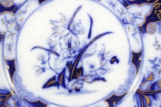 SET 6 FLOW BLUE ANTIQUE ENGLISH DINNER PLATES WEDGWOOD IRIS HAND PAINTED GOLD 7