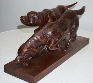 Ant.  Black Forest Great Carved Wood Statue Of 2 Hounds