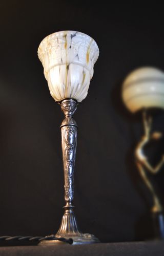 Rare Edwardian Silver - Plated Table Lamp Marbled Handmade Shade Vintage Fittings