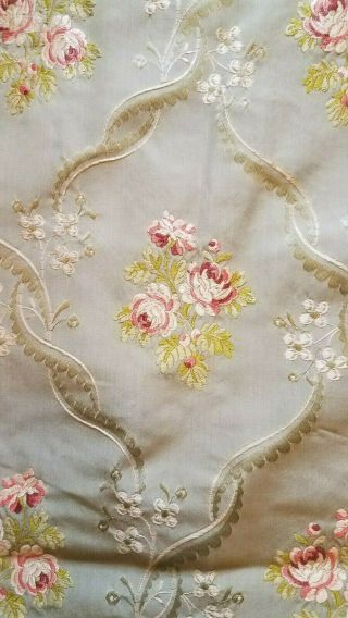 Antique Vtg French Embroidered Floral Silk Drapes Curtains fabric panels Roses 10