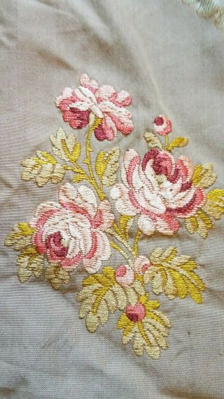 Antique Vtg French Embroidered Floral Silk Drapes Curtains fabric panels Roses 2