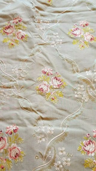 Antique Vtg French Embroidered Floral Silk Drapes Curtains fabric panels Roses 3