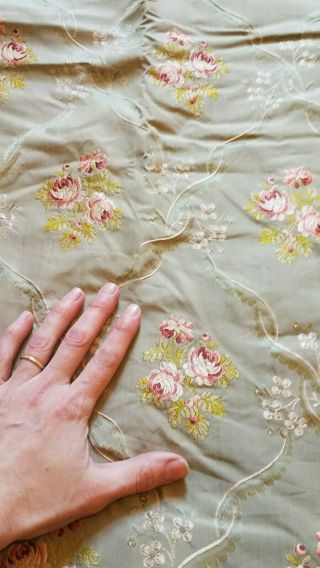 Antique Vtg French Embroidered Floral Silk Drapes Curtains fabric panels Roses 4