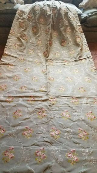 Antique Vtg French Embroidered Floral Silk Drapes Curtains fabric panels Roses 5