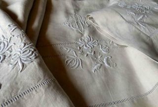 Antique French Pure Linen Trousseau Sheet Jm Fabulous Embroidery Xxl