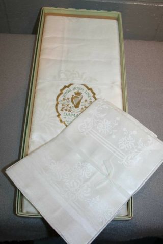 Nos Tablecloth 60 X 80,  8 Napkins Vtg Ivory Irish Linen Damask Chrysanthemum