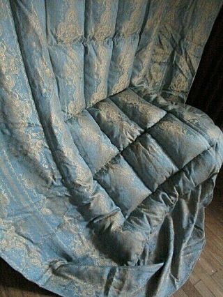 Vintage French Luxurious Feather Filled Quilt Blue w.  Gold Embroidery 6