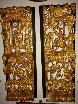 Authentic Antique Chinese Wood Carved Gilt Temple Panel Warriiors