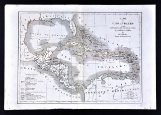 1830 Langlois Atlas Map - West Indies Antilles Caribbean Cuba Jamaica Bahamas