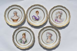 5 Antique Hand Painted Porcelain Portrait Plate Depicting Queen & Princess
