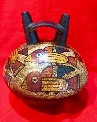 Pre Columbian Large Trichrome Pottery Nazca Bird Design Stirrup Vessel 2 - 600ad