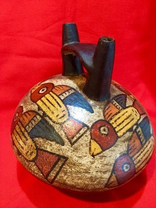Pre Columbian Large Trichrome Pottery Nazca Bird Design Stirrup Vessel 2 - 600AD 3