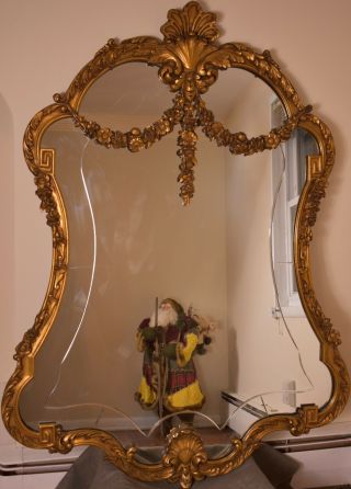 1910s Large Antique French Louis Xvi Style Carving Gold Gilded Mirror