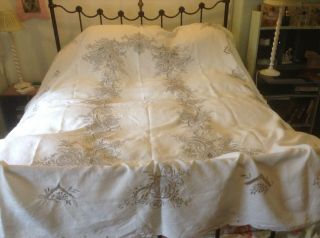 Vintage Large Cream Linen Madeira Work Tablecloth