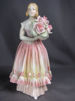 Vintage Art Deco Karl Ens 6 - 1/2 Porcelain Figurine Lady Pink Dress Bouquet Roses