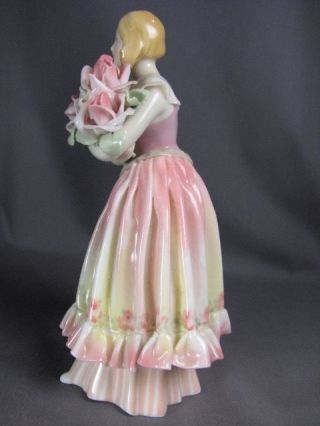 Vintage Art Deco Karl Ens 6 - 1/2 Porcelain Figurine Lady Pink Dress Bouquet Roses 2