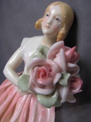 Vintage Art Deco Karl Ens 6 - 1/2 Porcelain Figurine Lady Pink Dress Bouquet Roses 7