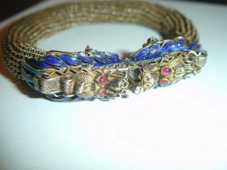 Antique Chinese Sterling Silver Enamel Dragon Bracelet Mesh