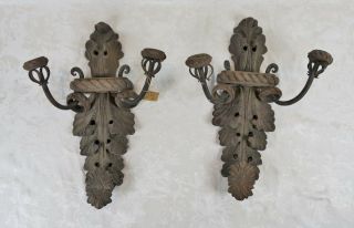Pair Antique Black Forest Carved Wood Wrought Iron Wall Sconces Spanish Colonial