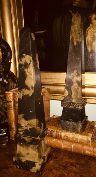 Neoclassical Pair Solid Marble Black/ Brown/gold Obelisk