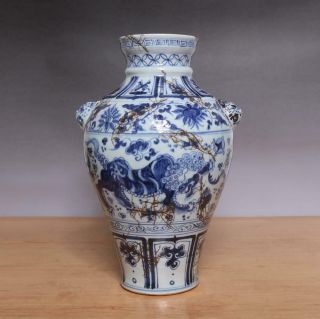 33CM Antique Chinese Blue & White Porcelain Vase With Kylin 3