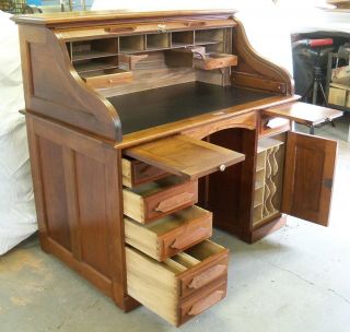 Restored & Refinished Antique Solid Walnut Roll Top Desk w/ S Roll Tambour top 2