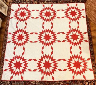 Ca 1920s Calico Red & White Touching Stars Patchwork Quilt 73 X 72 7spi Aafa