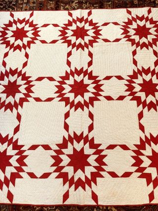 ca 1920s Calico Red & White Touching Stars Patchwork Quilt 73 x 72 7SPI AAFA 2