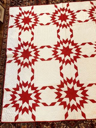 ca 1920s Calico Red & White Touching Stars Patchwork Quilt 73 x 72 7SPI AAFA 5