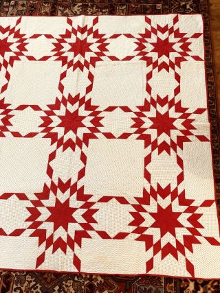 ca 1920s Calico Red & White Touching Stars Patchwork Quilt 73 x 72 7SPI AAFA 6