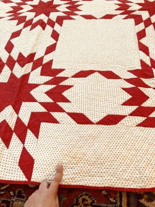 ca 1920s Calico Red & White Touching Stars Patchwork Quilt 73 x 72 7SPI AAFA 8