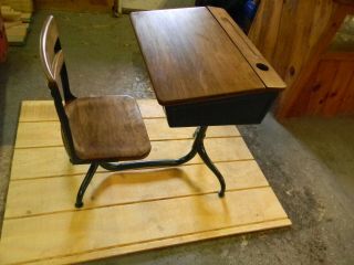 Vintage Antique Child School Desk And Swivel Chair Cast Iron & Wood 1925 To 1945