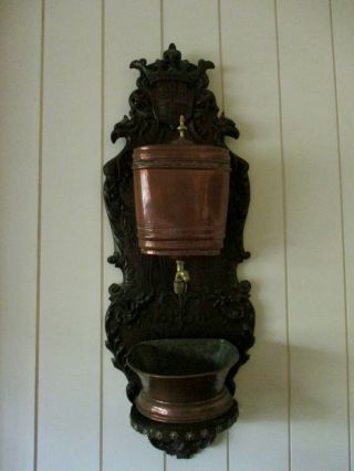 Antique French Lavabo,  18th Century,  Copper Water Basins On Carved Oak