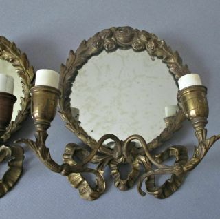 Pr Antique French Bronze 2 - Candle Mirrored Wall Sconces Wreaths Of Roses,  Bows