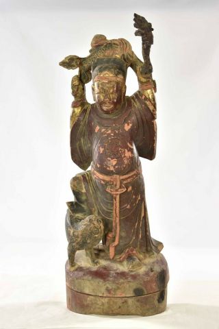 Antique Chinese Wood Carved Statue Of The Medicine King,  1900 Of Qing Dynasty