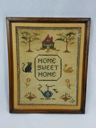 Vintage Antique 1939 Framed Sampler Cross Stitch Embroidery Home Sweet