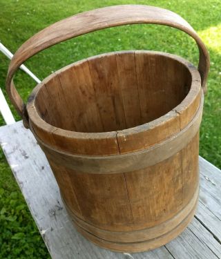Antique Primitive Wood Bucket Firkin Style Wood Bands No Lid 10 "