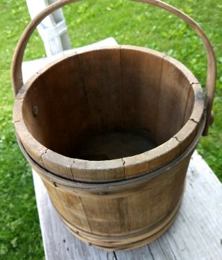 Antique Primitive Wood Bucket Firkin Style Wood Bands No Lid 10 