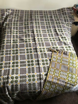 Lovely Vintage Wool Welsh Blanket,  Cream,  Yellow,  Green And Brown