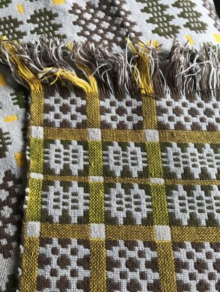 Lovely Vintage Wool Welsh Blanket,  Cream,  Yellow,  Green And Brown 2