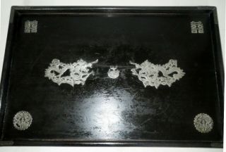 Antique Chinese 19th Century LACQUER TEA TRAY - FLOATING SILVER DRAGONS Japanese 5