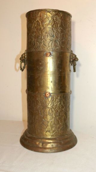 Antique 1800s Ornate Brass Copper Figural Lion Handle Umbrella Cane Stand Holder