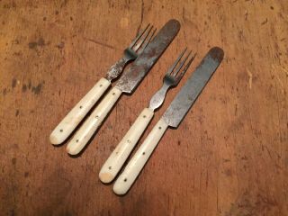 2 Pair Early 19th Century Childs Cutlery All Matching W Bone Handles 1820s Sweet