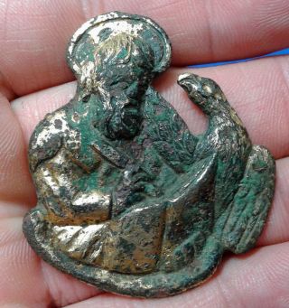 Ancient Bronze Gilding Artifact Saint John With The Eagle.