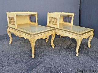 Vintage French Country Yellow Hand Painted Floral End Tables Leather Tops