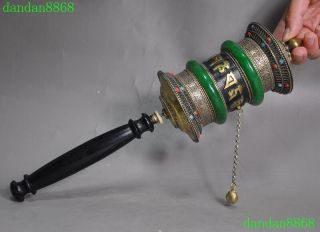 Old Tibet Bronze Inaly Green Jade Haven Prayer Wheel With Scroll Turning Round